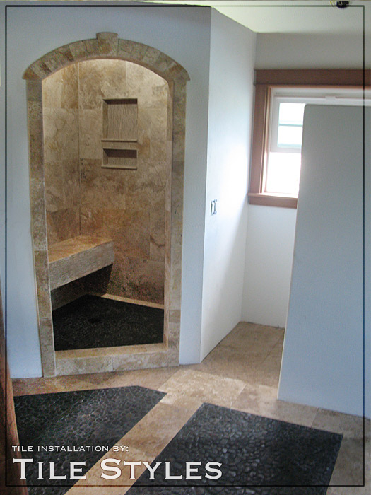 mosaic pebble shower floor and entry floor